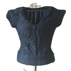 Black Ruffled Layer Top Blouse Size Lg 7 Wonders Crossover Styling Cap Sleeves